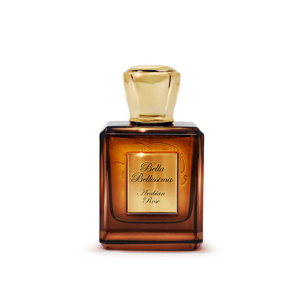 Arabian Rose Oud pure parfum by Bella Bellissima London, presented in a beautiful brown glass bottle with gold cap and engraved plaque.
