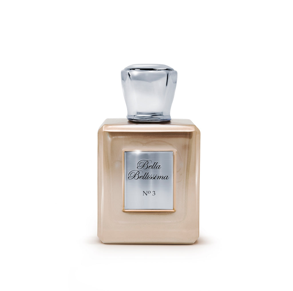 Number 3 eau de parfum by Bella Bellissima. Presented in a beautiful mink gold coloured bottle with silver cap and engraved plaque.