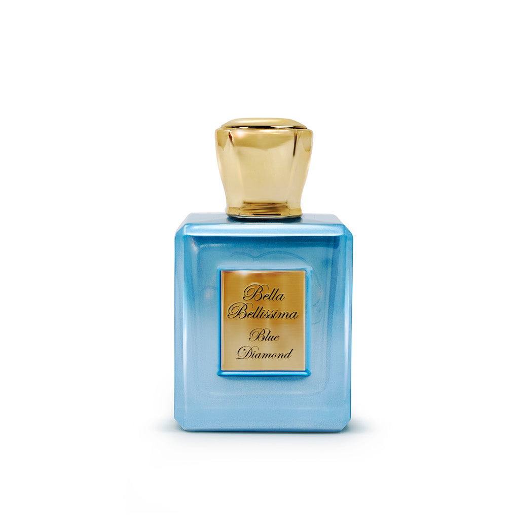 Blue Diamond oud pure parfum by Bella Bellissima, presented in a pale blue, metallic glass bottle with a gold cap and engraved plaque.