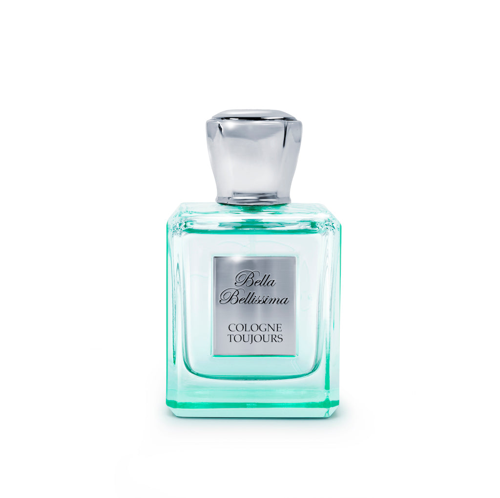Cologne Toujours fragrance by Bella Bellissima, presented in a pale green and clear glass bottle with silver cap and engraved plaque.