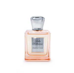 Perfect Day fragrance by Bella Bellissima, presented in a delicate pink graduated colour glass bottle with a silver cap and engraved plaque. 