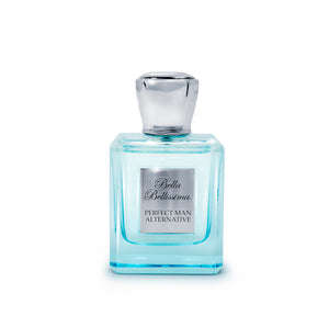 Perfect Man Alternative eau de parfum by Bella Bellissima, presented in a bespoke blue glass bottle with a silver cap and engraved plaque
