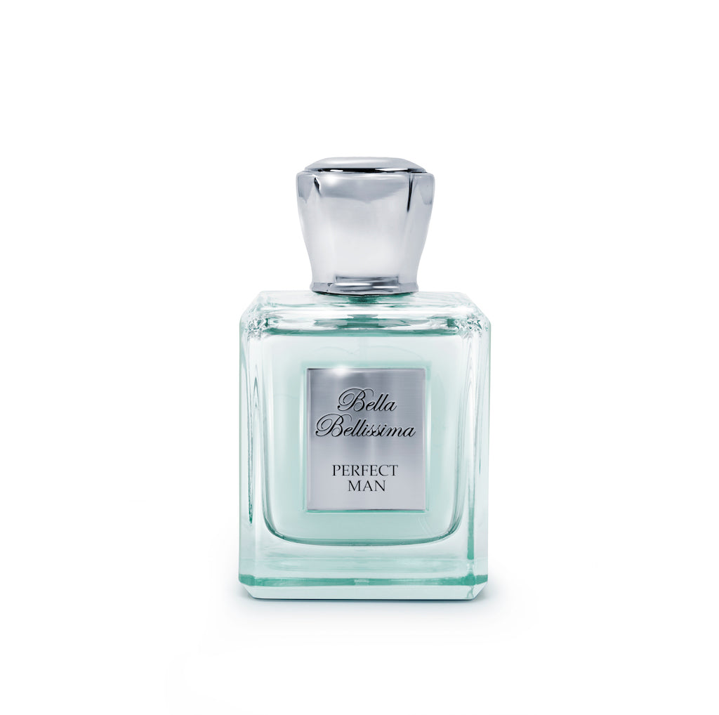 Perfect Man Cologne by Bella Bellissima, presented in a pale blue gradient tinted and clear glass bottle with silver metal cap and engraved plaque.