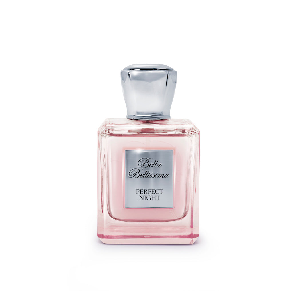 Perfect Night EDP perfume by Bella Bellissima, presented in a graduated pink and clear glass bottle with a silver cap and engraved front plaque