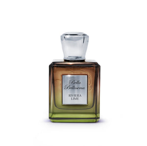 Riviera Lime EDP intense fragrance by Bella Bellissima, presented in a bespoke brown and lime green shaded glass bottle with silver cap and engraved plaque.