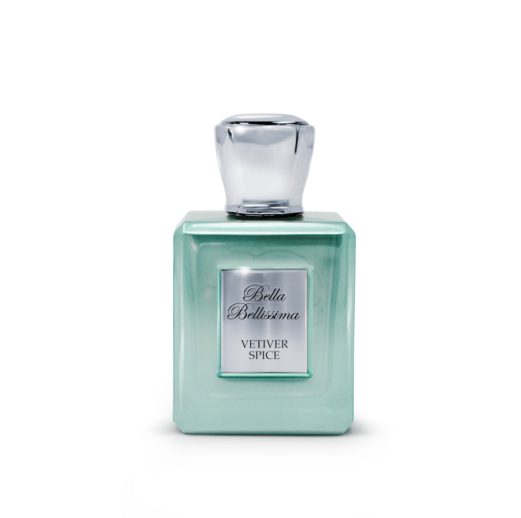Vetiver Spice EDP Intense fragrance by Bella Bellissima, presented in a pale green metallic finish glass bottle with silver cap and engraved plaque.